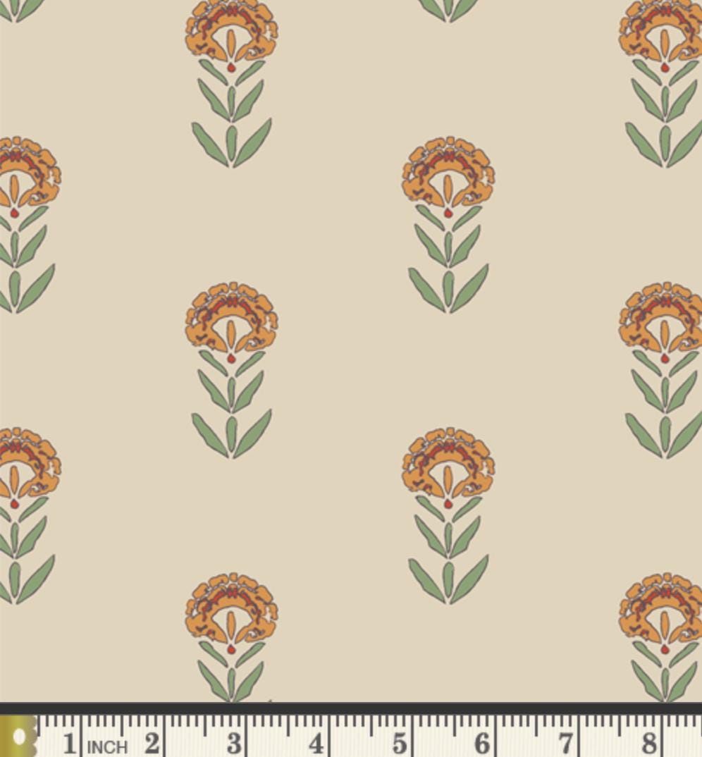 Front Yard Marigolds Linen in Cream, by Maureen Cracknell for AGF, Linen Fabric