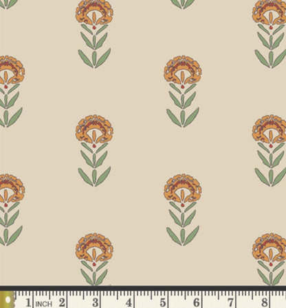 Front Yard Marigolds Linen in Cream, by Maureen Cracknell for AGF, Linen Fabric