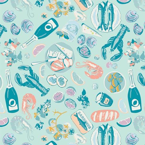 Gosto da Costa Fresca Fabric – Coastal Seafood Print by AGF Studio – Costeira Collection – Ocean Cotton Fabric by the Yard