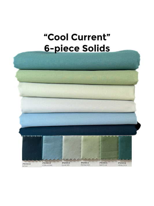 Pure Solids “Cool Current” Fabric Bundle – 6pc AGF Set – Fat Quarter, Quarter Yard, or Half Yard Cotton Solids