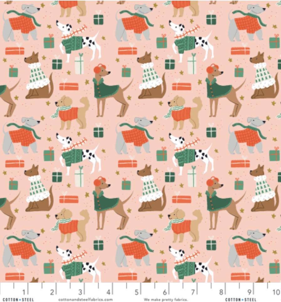 Dapper Dogs – Pink Metallic Fabric by Dominika Godette – Merry Pawmas Collection – Christmas Cotton Fabric by the Yard