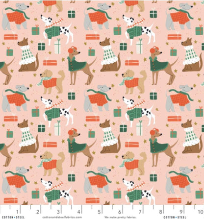 Dapper Dogs – Pink Metallic Fabric by Dominika Godette – Merry Pawmas Collection – Christmas Cotton Fabric by the Yard