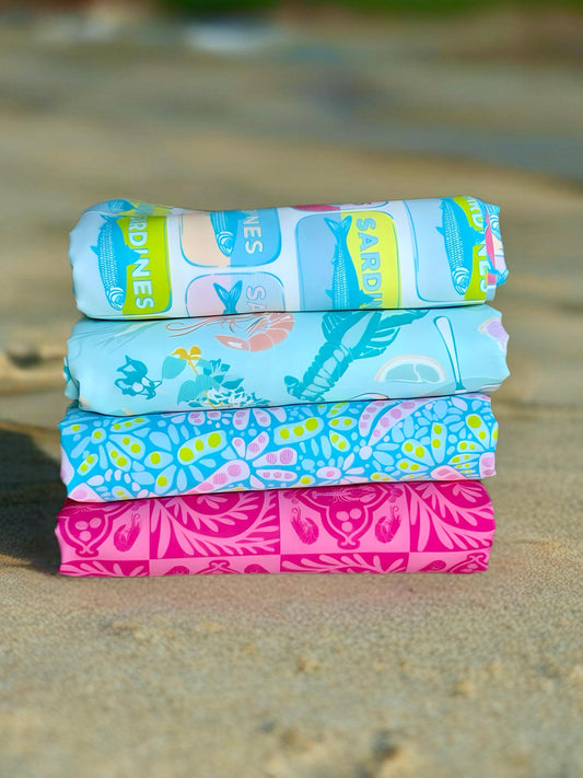 Costeira Coastal Fabric Bundle – 4pc AGF Set: Sardines, Corals, Seafood & Tiles – Fat Quarter, Half Yard, or Quarter Yard