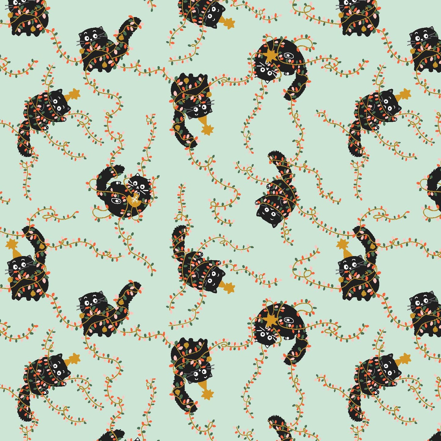 Catmas Tangle - Soft Mint Metallic Fabric by Callie And Co – 'Twas The Night Before Catmas Collection – Christmas Cotton Fabric by the Yard