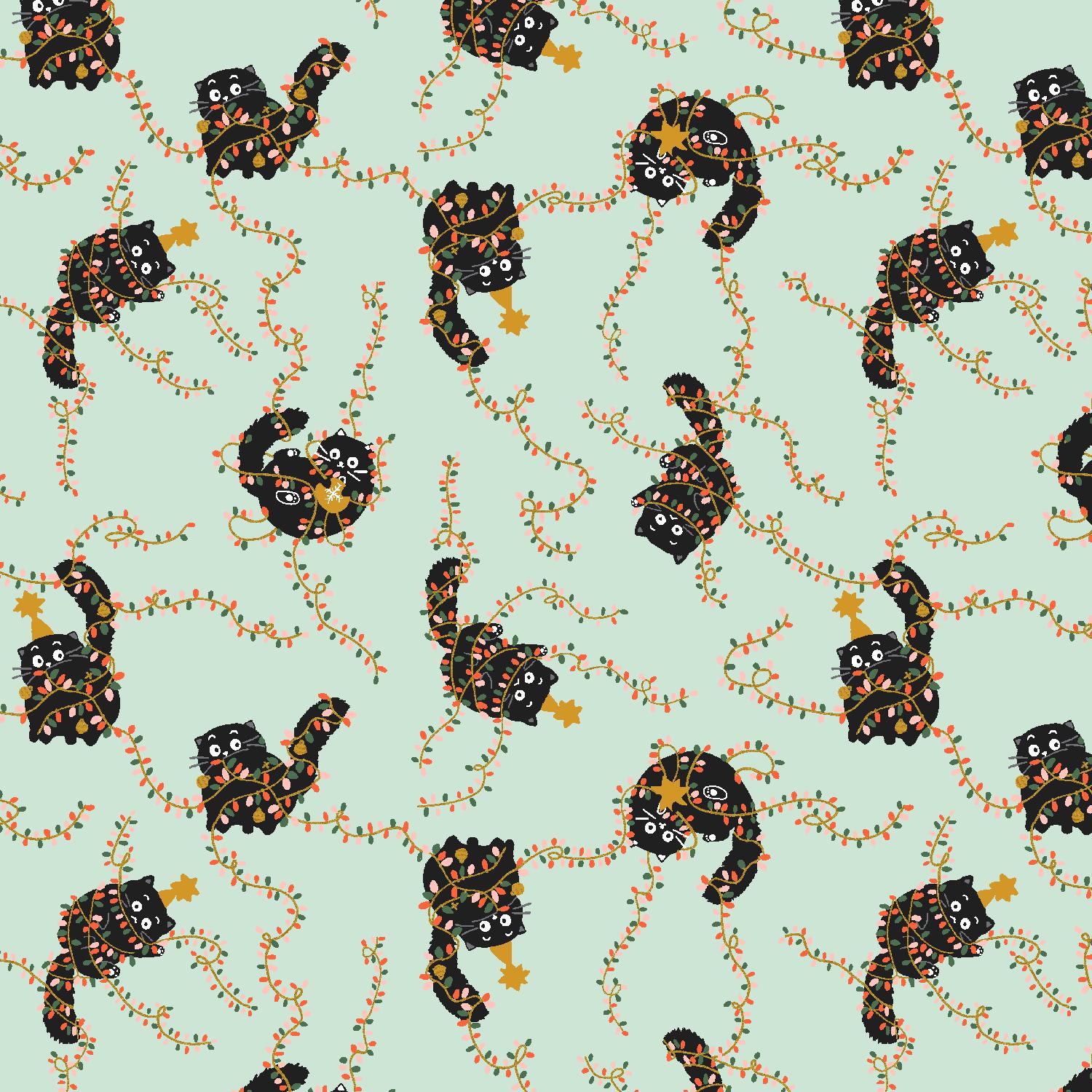 Catmas Tangle - Soft Mint Metallic Fabric by Callie And Co – 'Twas The Night Before Catmas Collection – Christmas Cotton Fabric by the Yard