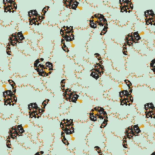 Catmas Tangle - Soft Mint Metallic Fabric by Callie And Co – 'Twas The Night Before Catmas Collection – Christmas Cotton Fabric by the Yard