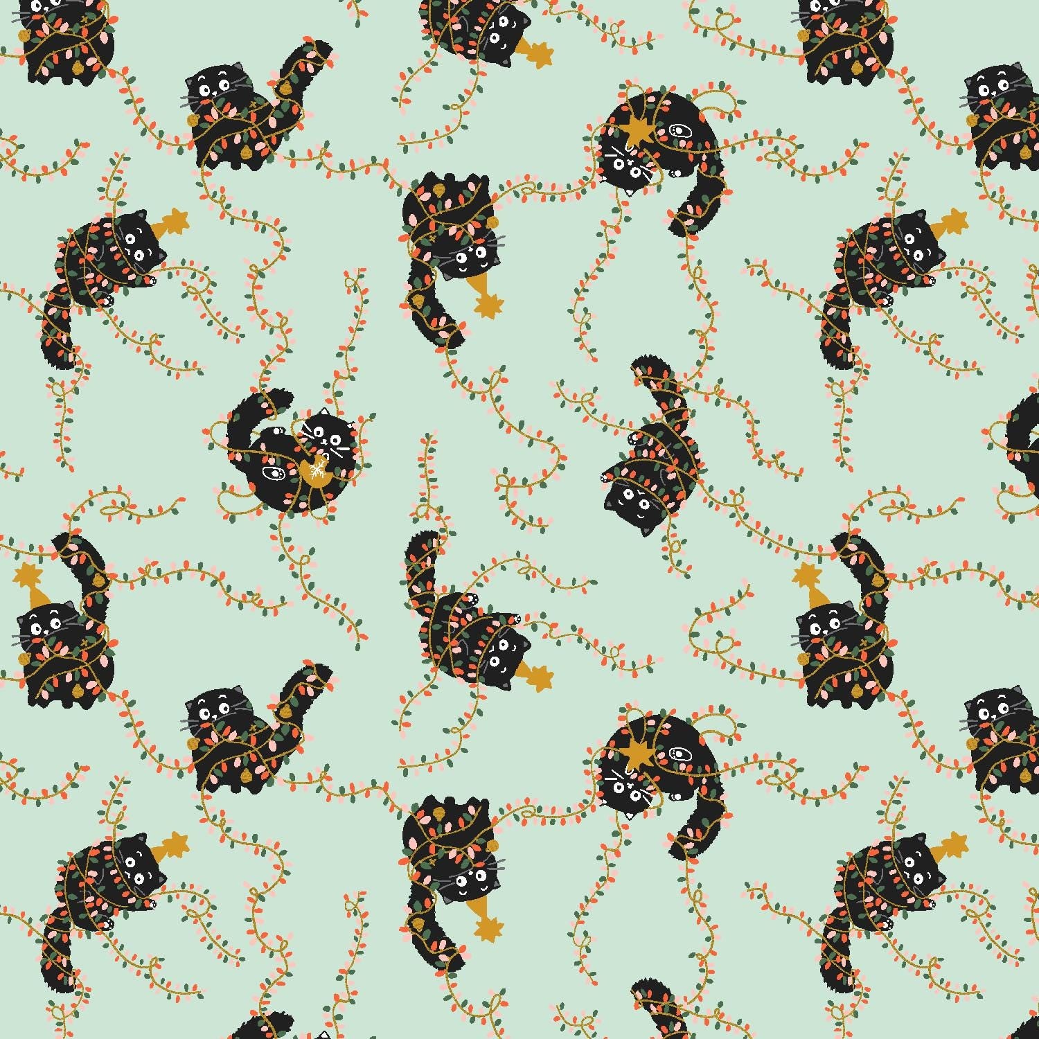Catmas Tangle - Soft Mint Metallic Fabric by Callie And Co – 'Twas The Night Before Catmas Collection – Christmas Cotton Fabric by the Yard