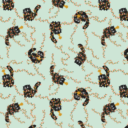 Catmas Tangle - Soft Mint Metallic Fabric by Callie And Co – 'Twas The Night Before Catmas Collection – Christmas Cotton Fabric by the Yard