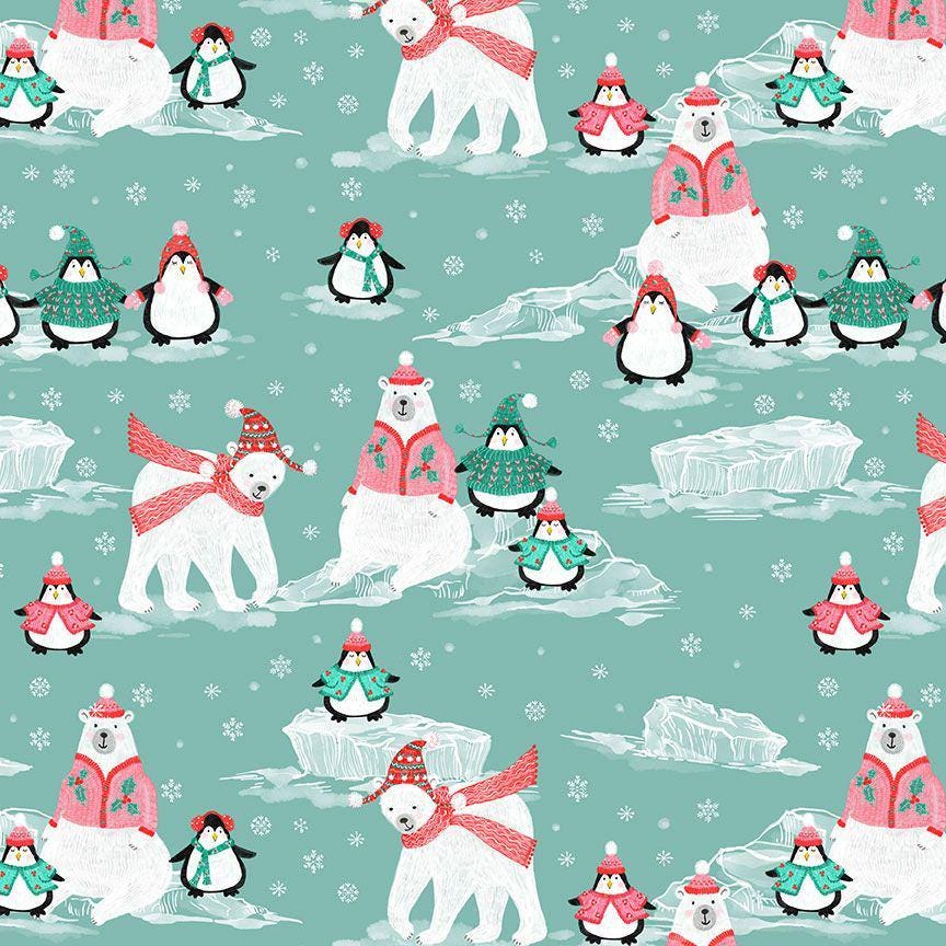 Christmas Cotton Fabric - from Sleight It Ain't Snow Collection by Dear Stella - Polar Bears And Penguins Print