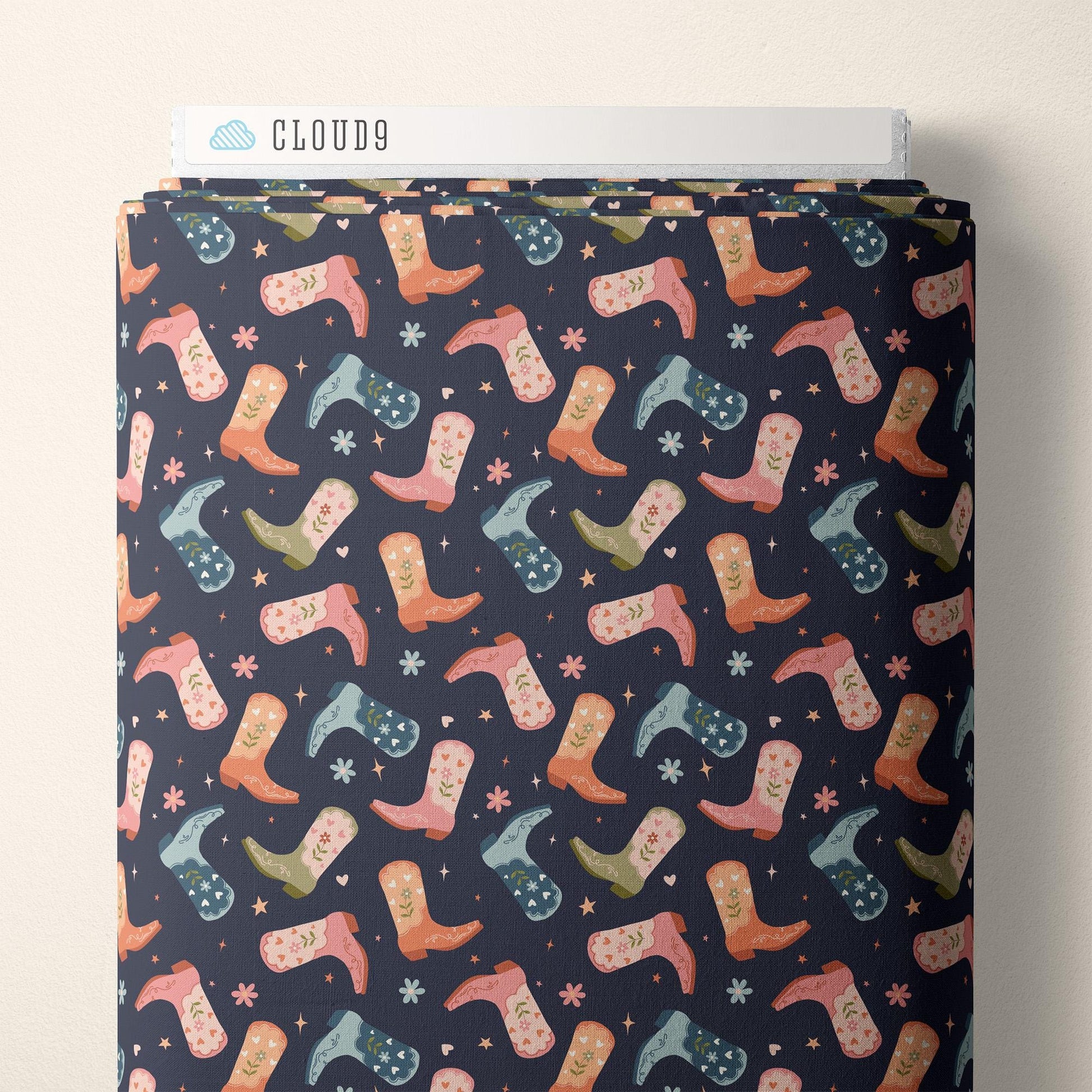 Cowgirl Kicks, Fabric by the Yard, 100% Organic Cotton, By Cloud9 Fabrics, Petals and Pony Luck Collection, Cowboy Print In Navy
