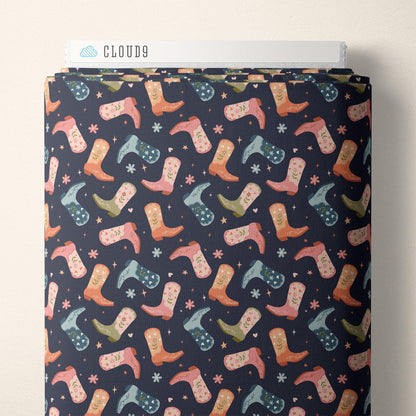 Cowgirl Kicks, Fabric by the Yard, 100% Organic Cotton, By Cloud9 Fabrics, Petals and Pony Luck Collection, Cowboy Print In Navy