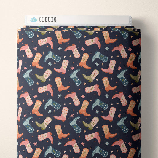 Cowgirl Kicks, Fabric by the Yard, 100% Organic Cotton, By Cloud9 Fabrics, Petals and Pony Luck Collection, Cowboy Print In Navy
