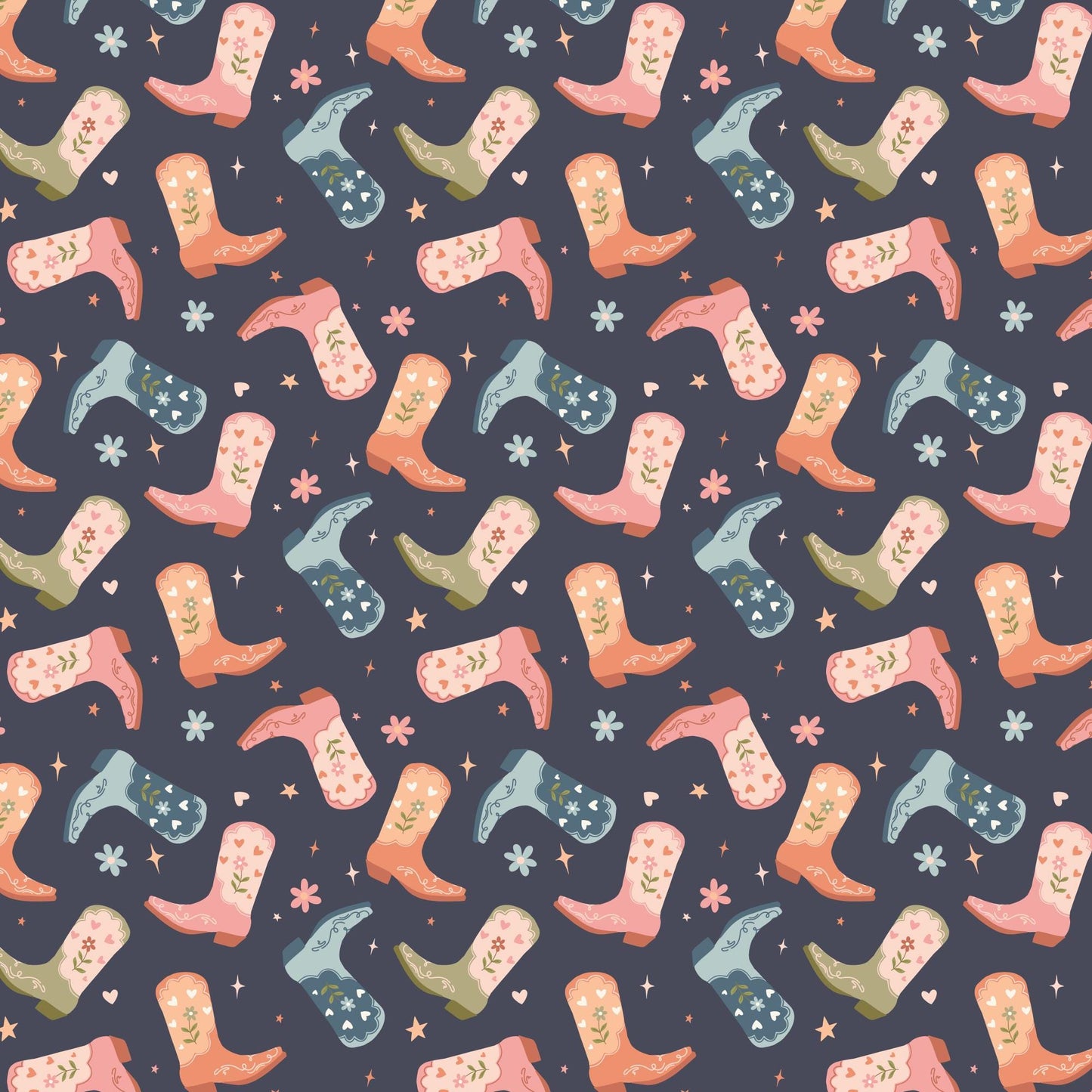 Cowgirl Kicks, Fabric by the Yard, 100% Organic Cotton, By Cloud9 Fabrics, Petals and Pony Luck Collection, Cowboy Print In Navy