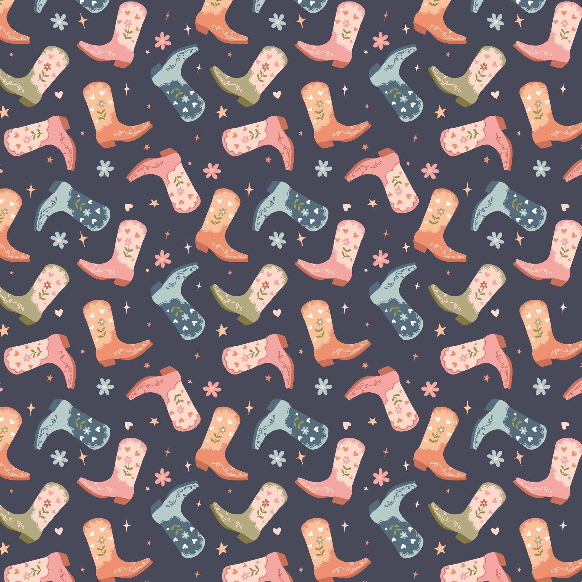Cowgirl Kicks, Fabric by the Yard, 100% Organic Cotton, By Cloud9 Fabrics, Petals and Pony Luck Collection, Cowboy Print In Navy