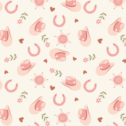 Rodeo Romance In Pink, Fabric by the Yard, 100% Organic Cotton, By Cloud9 Fabrics, Petals and Pony Luck Collection, Cowboy Print