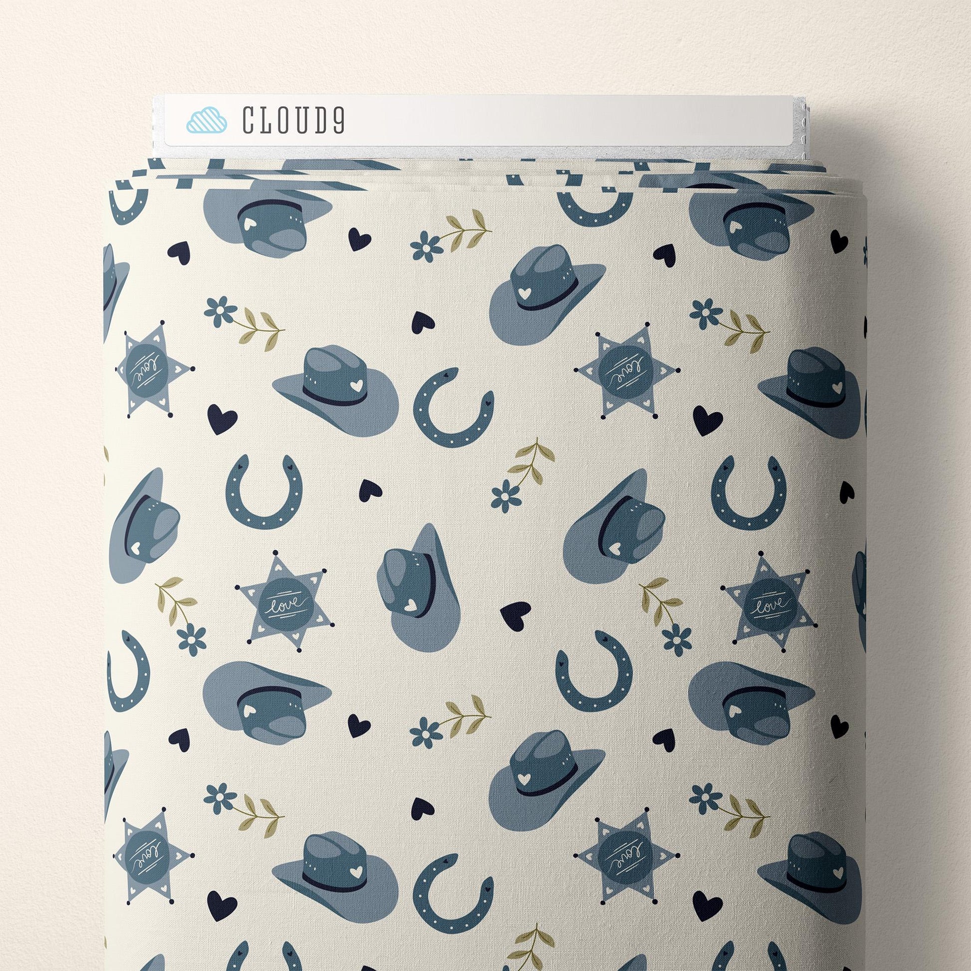 Rodeo Romance In Blue, Fabric by the Yard, 100% Organic Cotton, By Cloud9 Fabrics, Petals and Pony Luck Collection, Cowboy Print