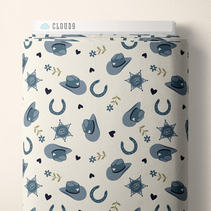 Rodeo Romance In Blue, Fabric by the Yard, 100% Organic Cotton, By Cloud9 Fabrics, Petals and Pony Luck Collection, Cowboy Print