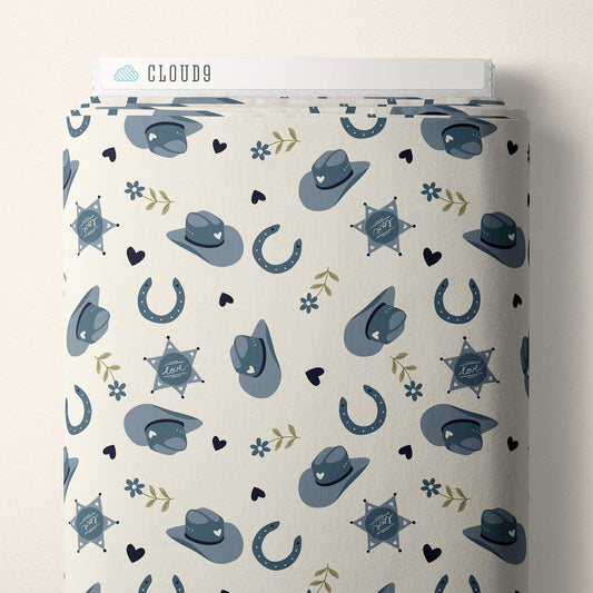 Rodeo Romance In Blue, Fabric by the Yard, 100% Organic Cotton, By Cloud9 Fabrics, Petals and Pony Luck Collection, Cowboy Print