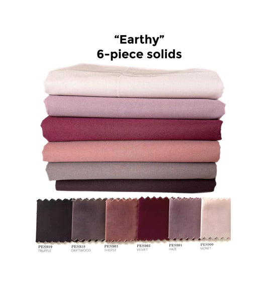 Pure Solids “Earthy” Fabric Bundle – 6pc AGF Set – Fat Quarter, Quarter Yard, or Half Yard Cotton Solids