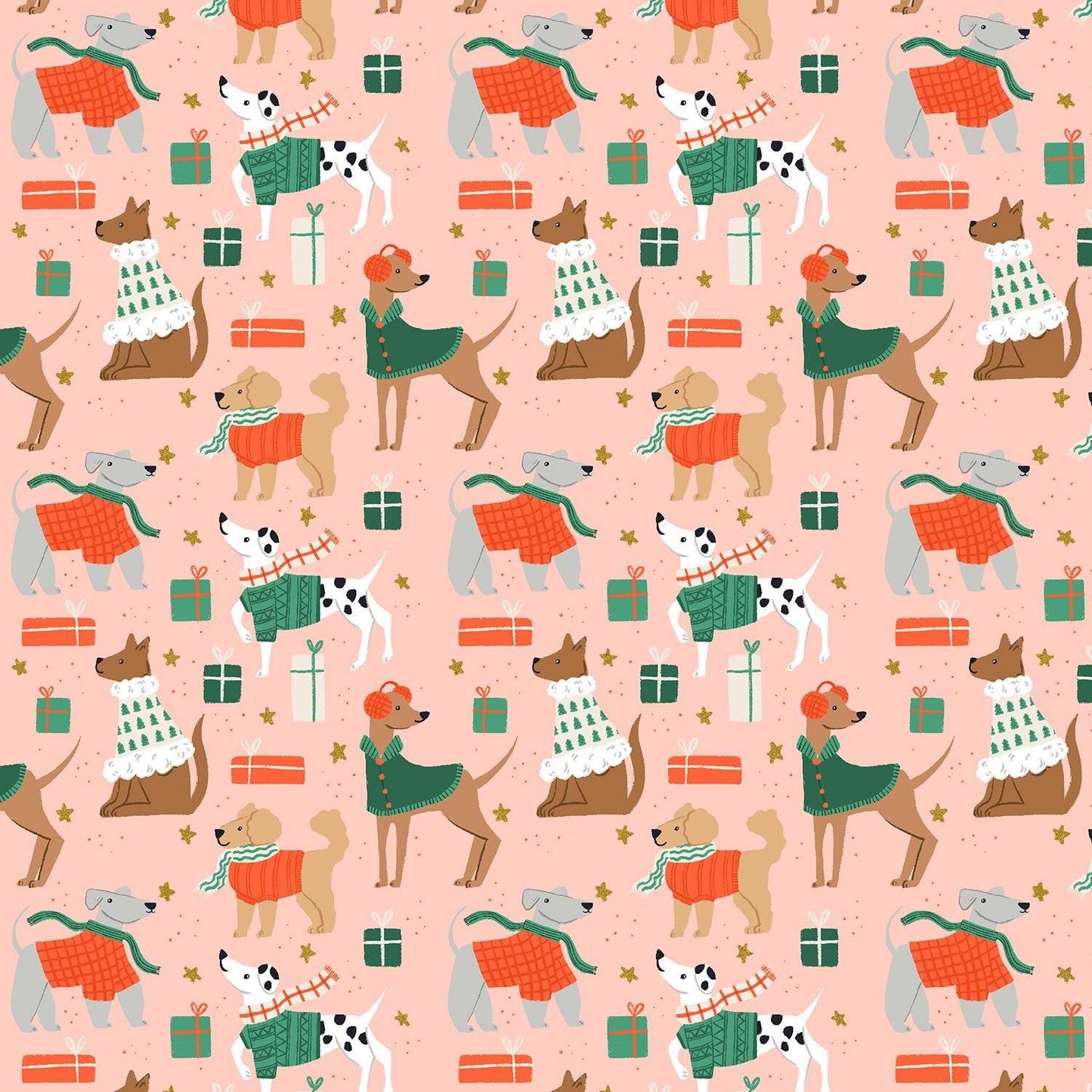 Dapper Dogs – Pink Metallic Fabric by Dominika Godette – Merry Pawmas Collection – Christmas Cotton Fabric by the Yard