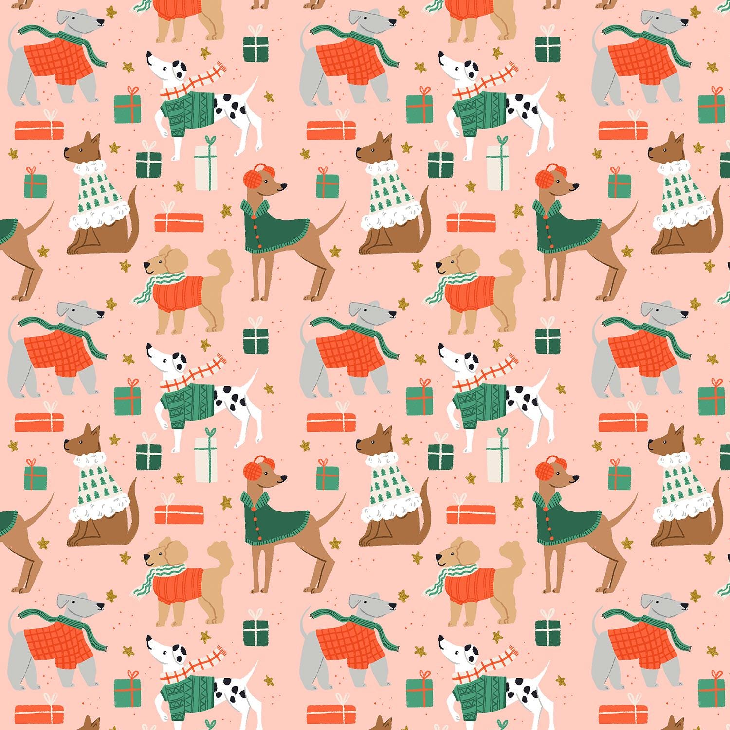 Dapper Dogs – Pink Metallic Fabric by Dominika Godette – Merry Pawmas Collection – Christmas Cotton Fabric by the Yard