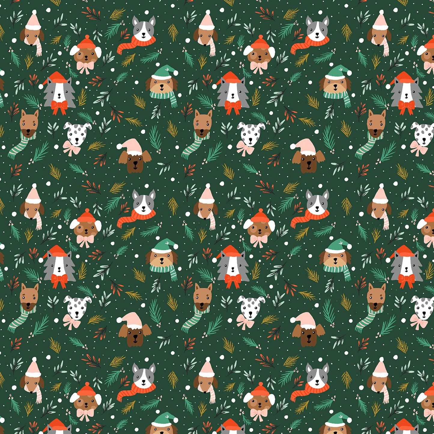 Barkmas Trees – Hunter Metallic Fabric by Dominika Godette – Merry Pawmas Collection – Christmas Cotton Fabric by the Yard