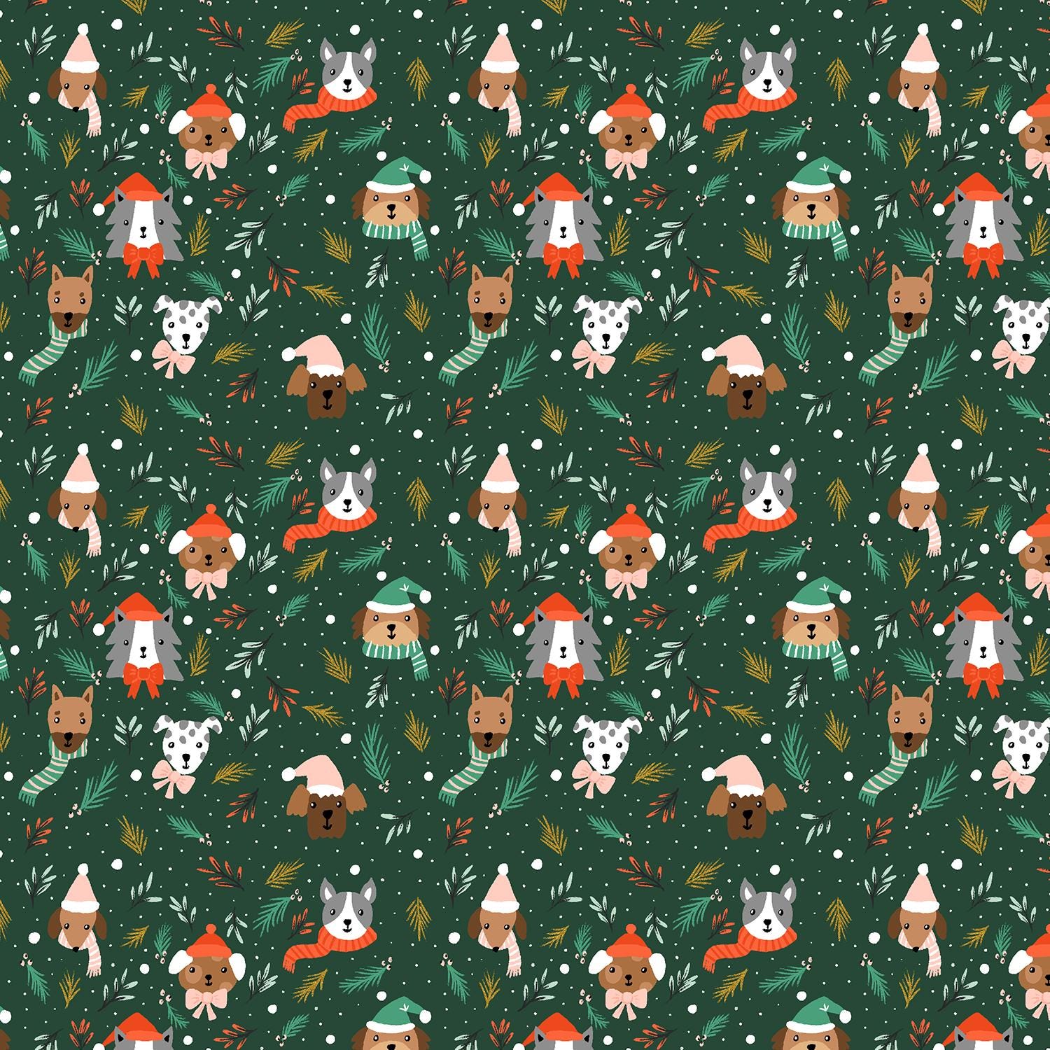 Barkmas Trees – Hunter Metallic Fabric by Dominika Godette – Merry Pawmas Collection – Christmas Cotton Fabric by the Yard