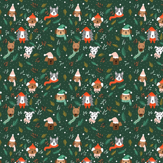 Barkmas Trees – Hunter Metallic Fabric by Dominika Godette – Merry Pawmas Collection – Christmas Cotton Fabric by the Yard