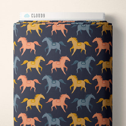 Canter, Fabric by the Yard, 100% Organic Cotton, By Cloud9 Fabrics, Petals and Pony Luck Collection, Horse Cowboy Print In Navy