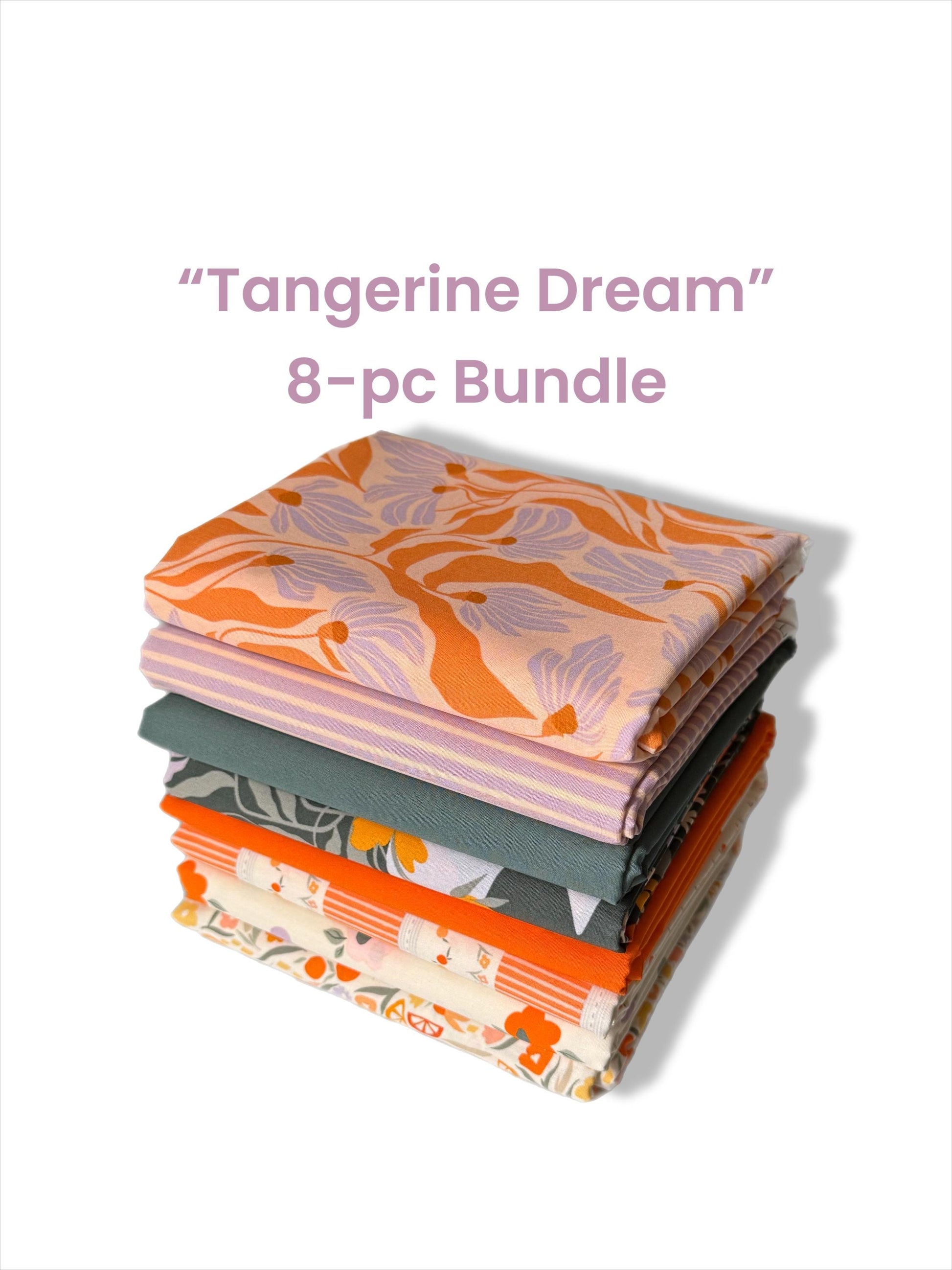 Tangerine Dream – 8pc AGF Curated Fabric Bundle – Tangerine Collection + Pure Solids – Fat Quarter, Quarter Yard, or Half Yard Cuts