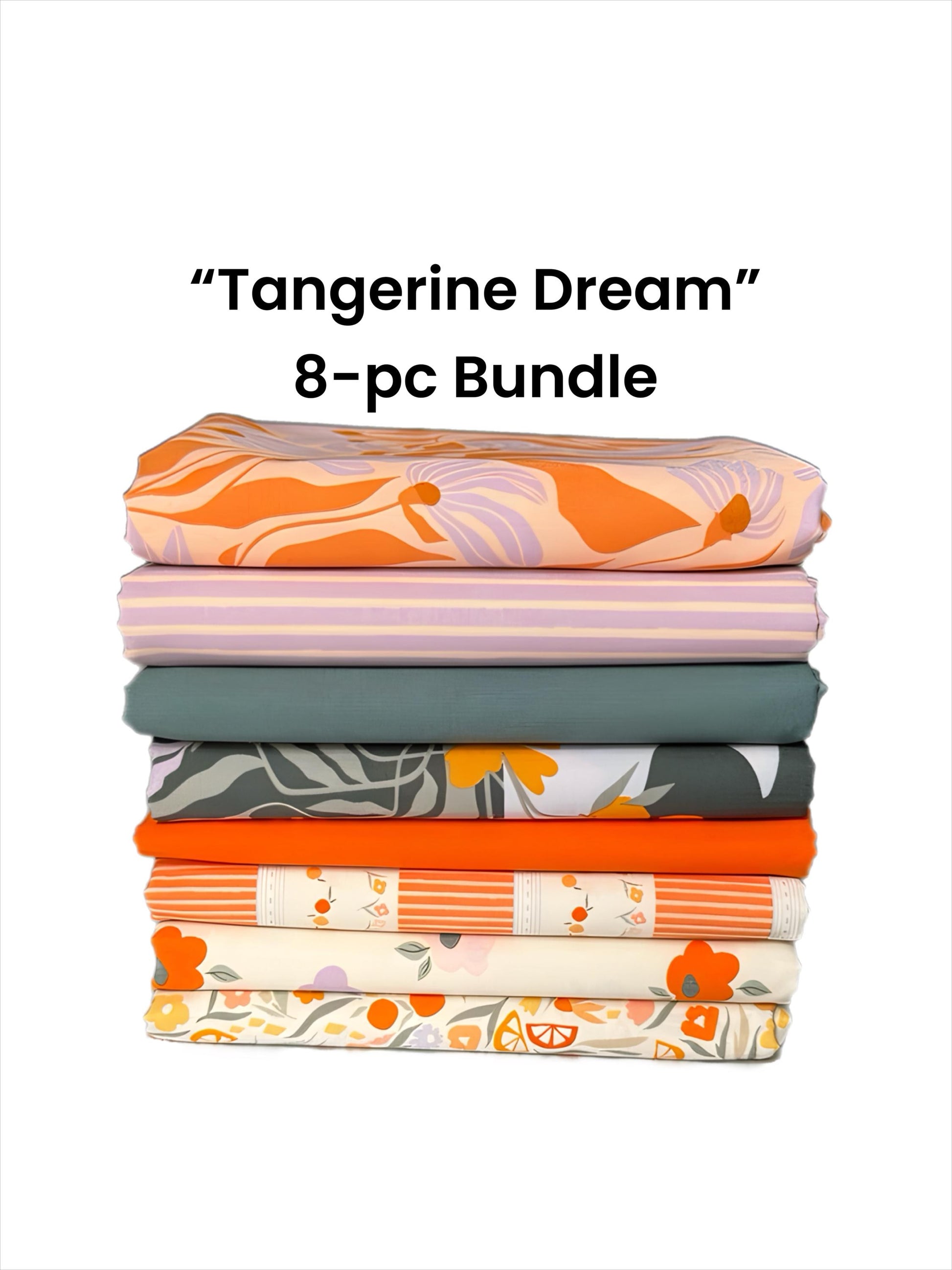 Tangerine Dream – 8pc AGF Curated Fabric Bundle – Tangerine Collection + Pure Solids – Fat Quarter, Quarter Yard, or Half Yard Cuts