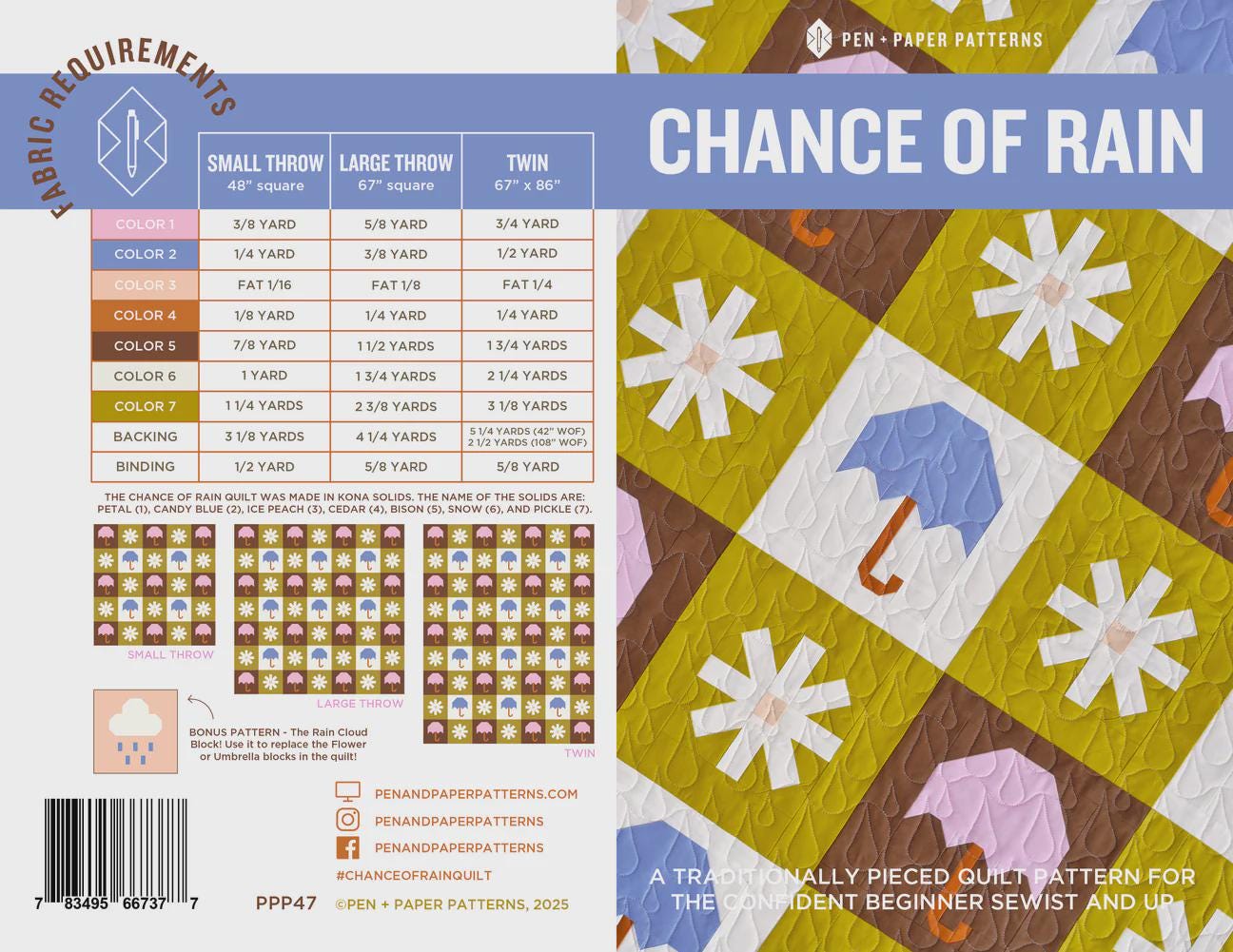 Printed Pattern for Quilt with Umbrella and Flower Blocks - Chance Of Rain - Traditional Piecing Pattern by Pen + Paper Patterns