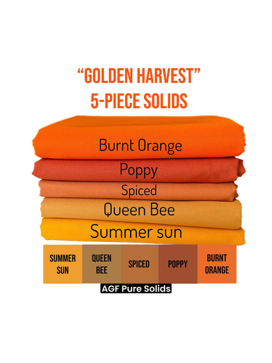 Pure Solids “Golden Harvest" Fabric Bundle – 5pc AGF Set – Fat Quarter, Quarter Yard, or Half Yard Cotton Solids