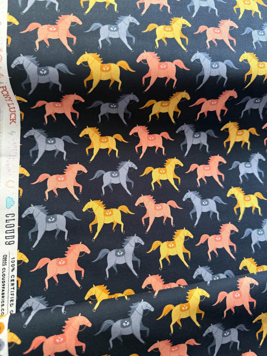 Canter, Fabric by the Yard, 100% Organic Cotton, By Cloud9 Fabrics, Petals and Pony Luck Collection, Horse Cowboy Print In Navy