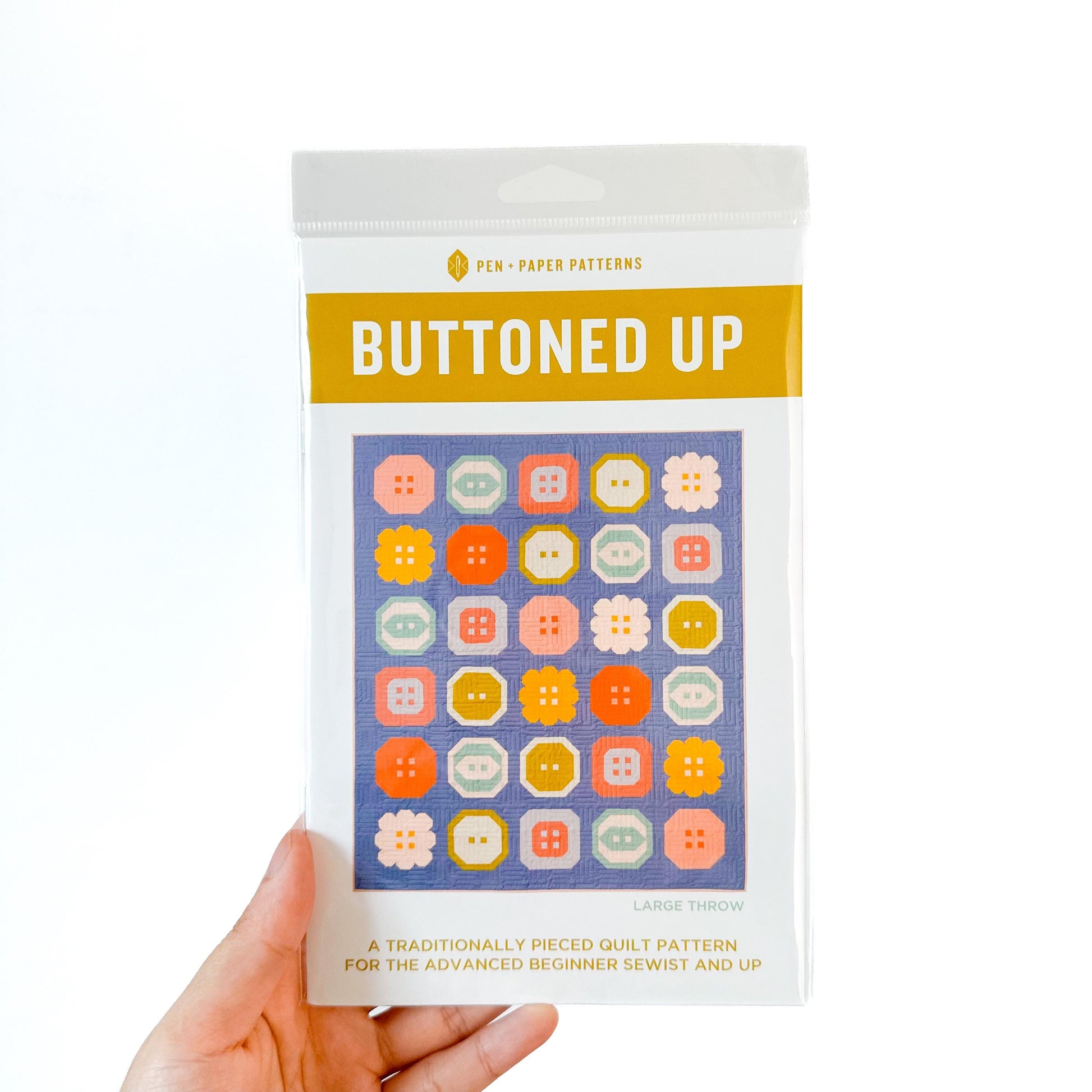 Buttoned Up Quilt Pattern – Large & Small Throw Sizes with Bonus Heart Block | Modern Pieced Quilt Printed Pattern for Confident Beginners