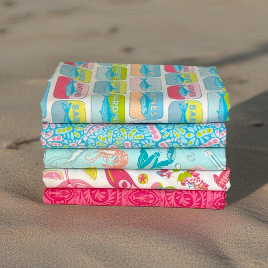 Costeira Coastal Fabric Bundle – 4pc AGF Set: Sardines, Corals, Seafood & Tiles – Fat Quarter, Half Yard, or Quarter Yard