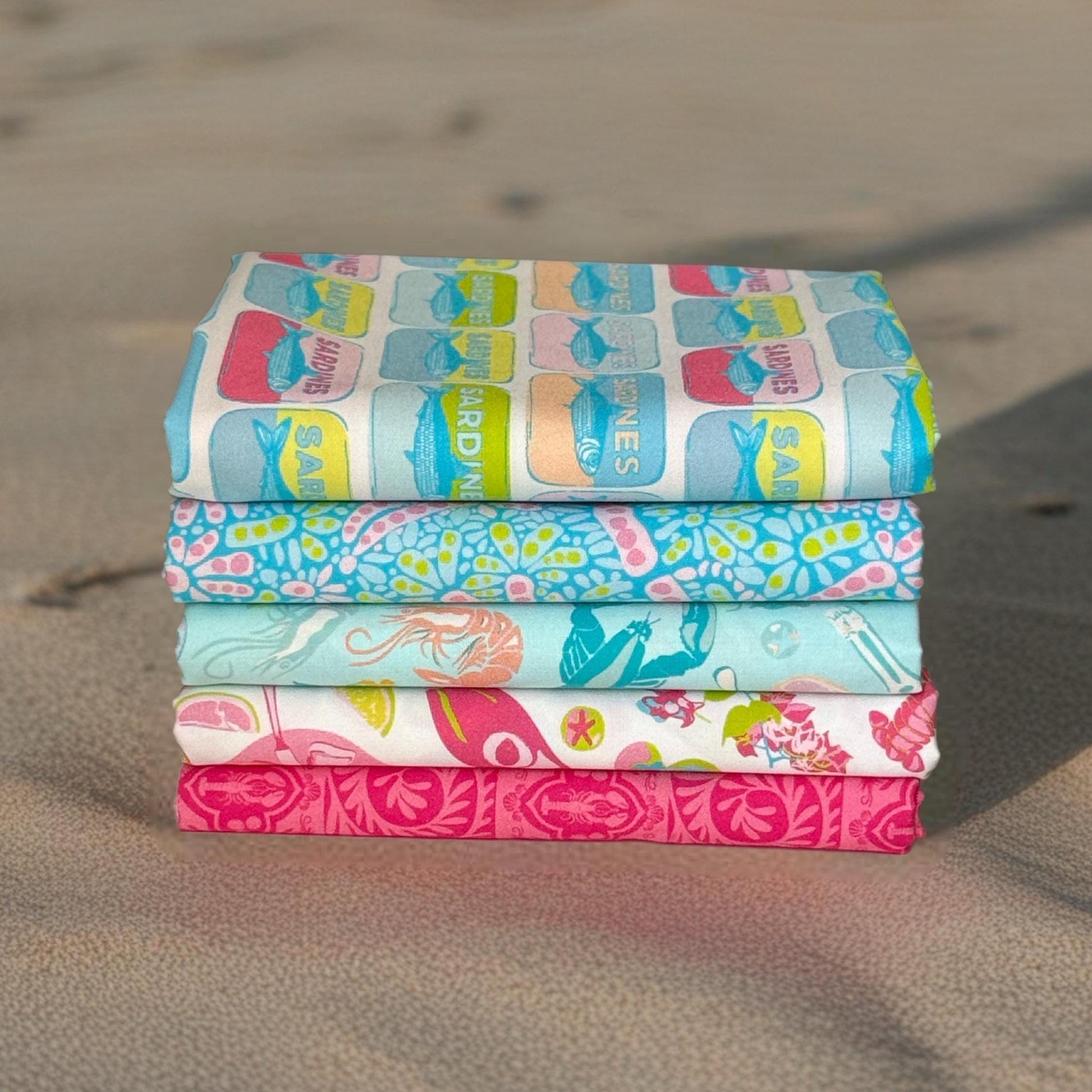 Costeira Coastal Fabric Bundle – 5pc AGF Set: Sardines, Corals, Seafood & Tiles – Fat Quarter, Half Yard, or Quarter Yard