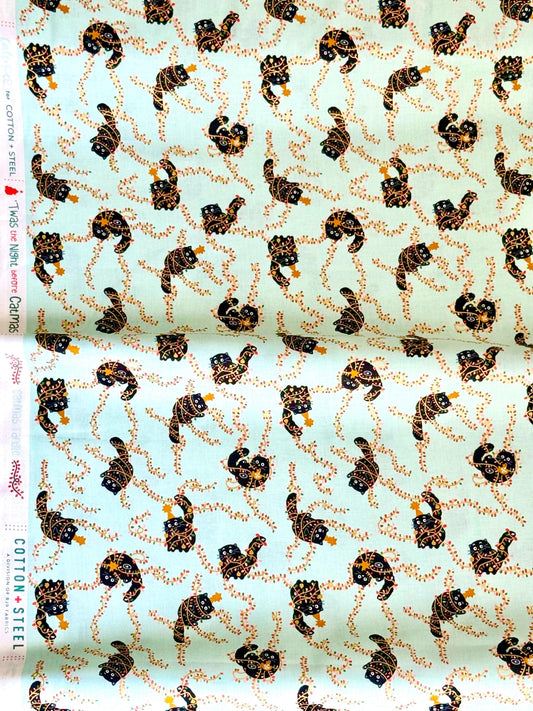 Catmas Tangle - Soft Mint Metallic Fabric by Callie And Co – 'Twas The Night Before Catmas Collection – Christmas Cotton Fabric by the Yard