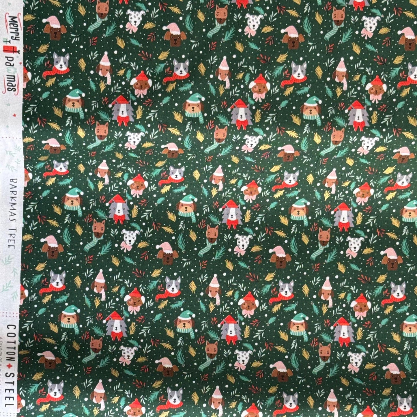 Barkmas Trees – Hunter Metallic Fabric by Dominika Godette – Merry Pawmas Collection – Christmas Cotton Fabric by the Yard