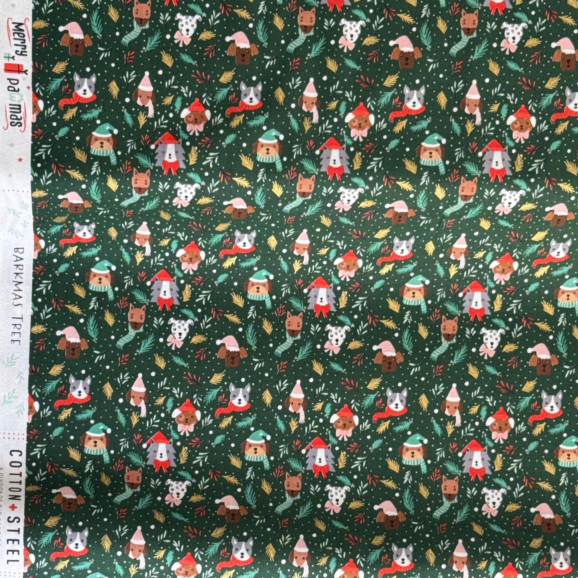 Barkmas Trees – Hunter Metallic Fabric by Dominika Godette – Merry Pawmas Collection – Christmas Cotton Fabric by the Yard