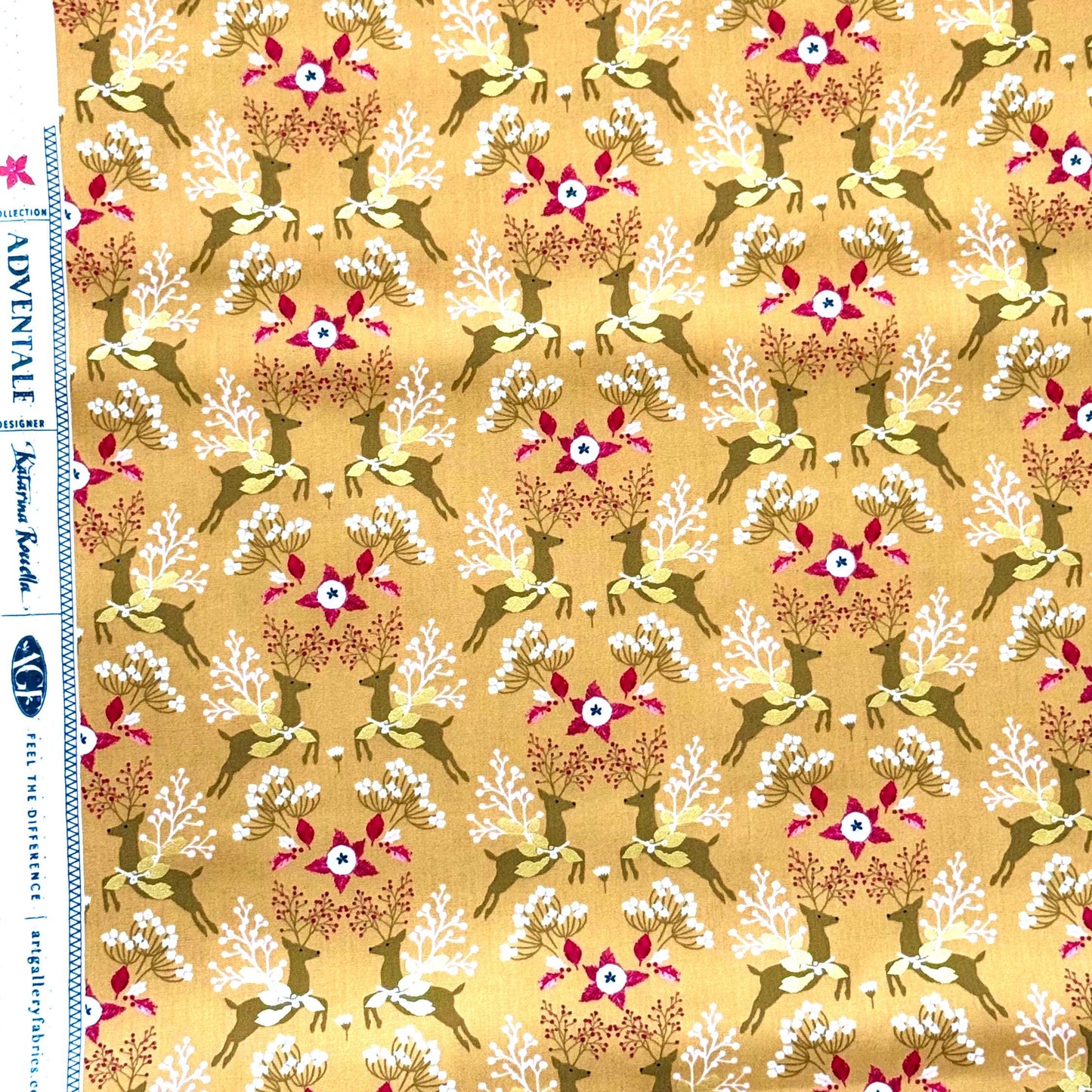 Fawns & Flowers Gold Metallic – Premium Cotton by the Yard – ADVENTALE Collection by Katarina Roccella – Art Gallery Fabrics, Holiday Print