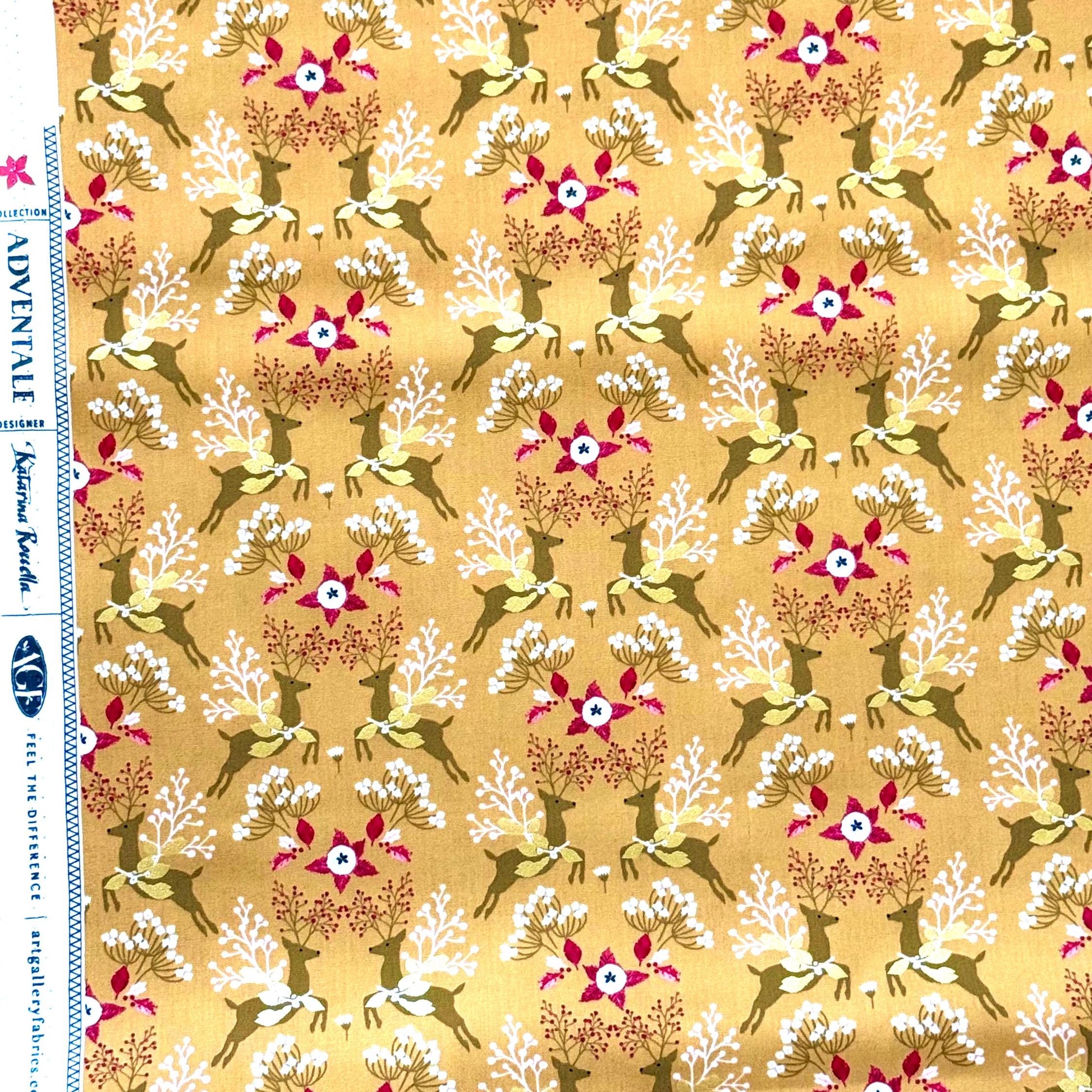 Fawns & Flowers Gold Metallic – Premium Cotton by the Yard – ADVENTALE Collection by Katarina Roccella – Art Gallery Fabrics, Holiday Print