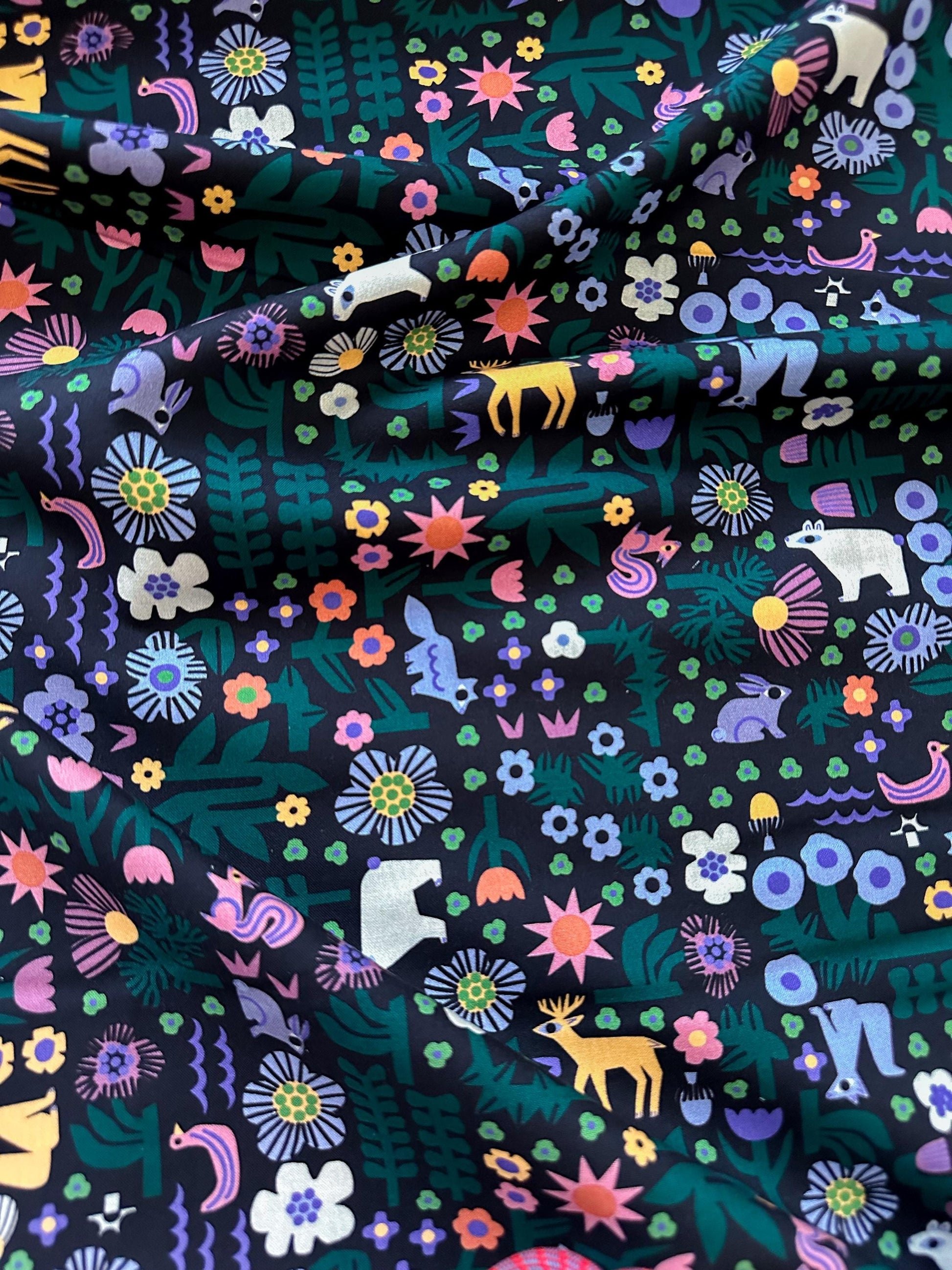 Nightdreams, Fabric by the Yard, 100% Organic Cotton, By Leah Duncan for Cloud9 Fabrics, Fern Grove Collection, Animal Forest Print