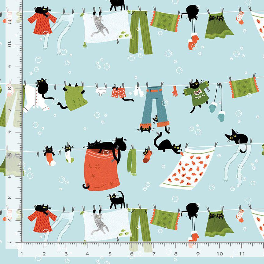Hanging Out Fabric, By Dear Stella, Cats In The Laundry Collection, Cotton By The Yard, Cat Pattern