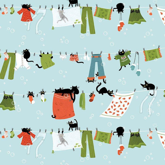 Hanging Out Fabric, By Dear Stella, Cats In The Laundry Collection, Cotton By The Yard, Cat Pattern