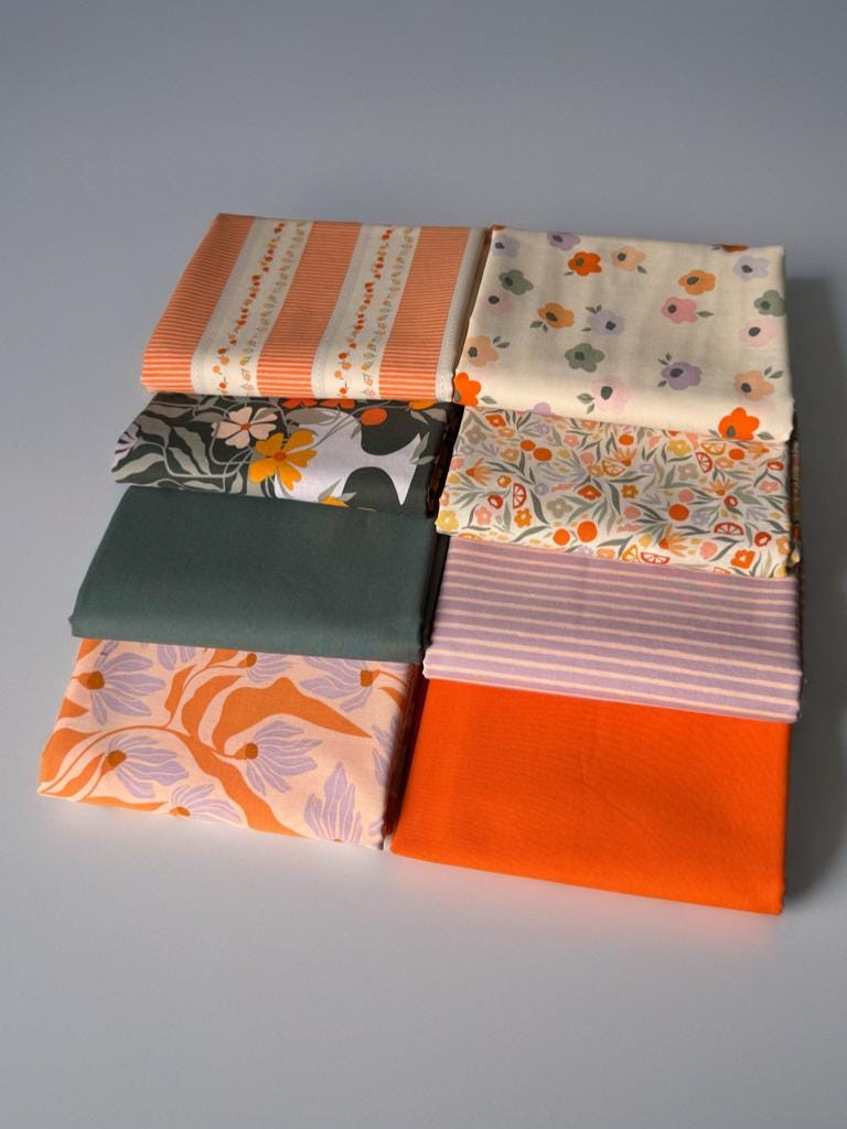 Tangerine Dream – 8pc AGF Curated Fabric Bundle – Tangerine Collection + Pure Solids – Fat Quarter, Quarter Yard, or Half Yard Cuts