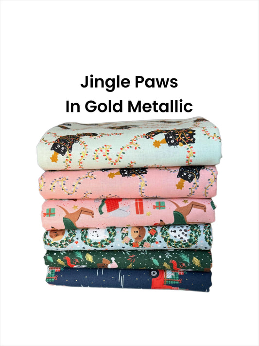 Jingle Paws – Cat & Dog Christmas in Gold Metallic Bundle – 6pc Cotton And Steel Holiday Fabrics | Fat Quarter, Quarter Yard, Half Yard Cuts
