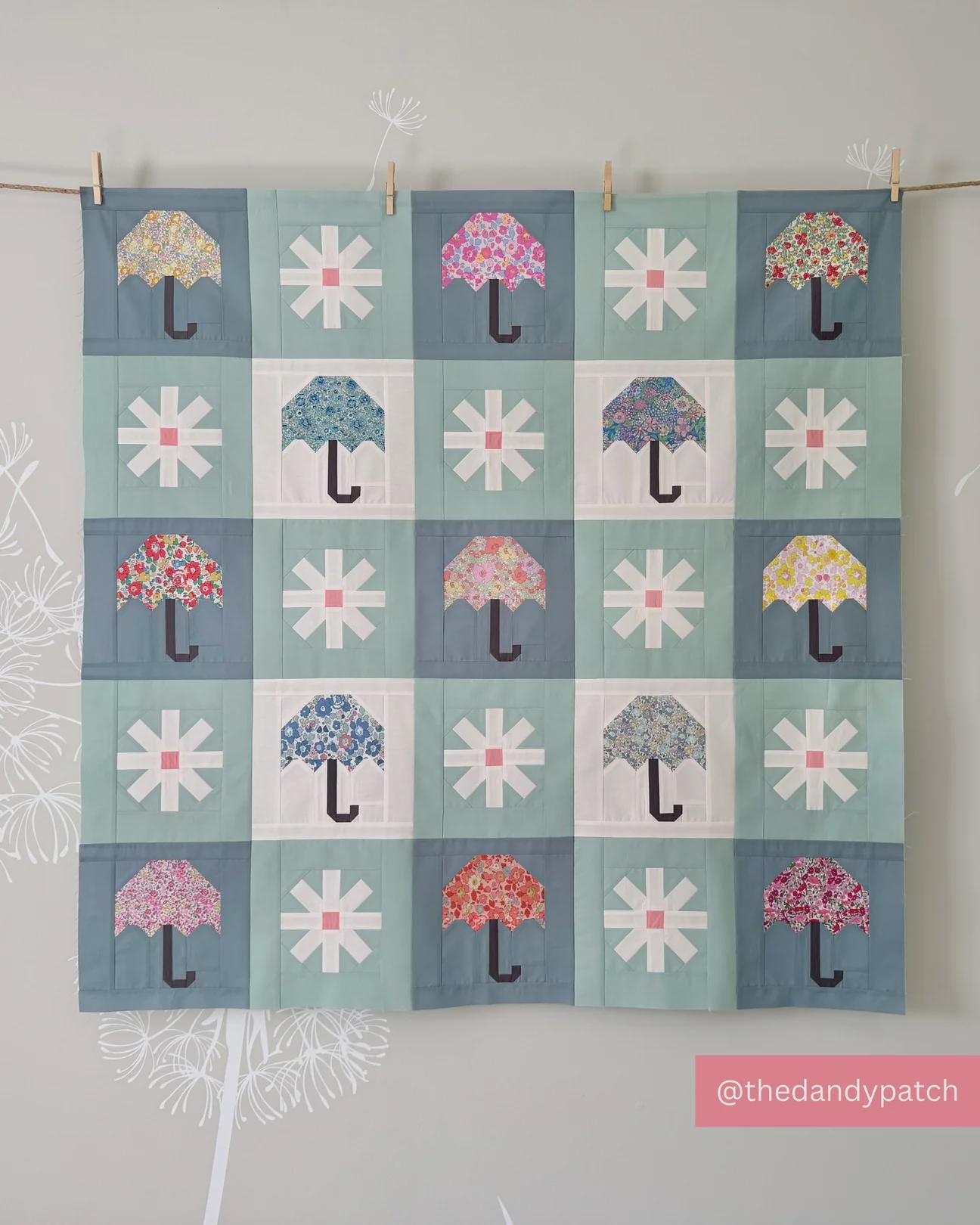 Printed Pattern for Quilt with Umbrella and Flower Blocks - Chance Of Rain - Traditional Piecing Pattern by Pen + Paper Patterns
