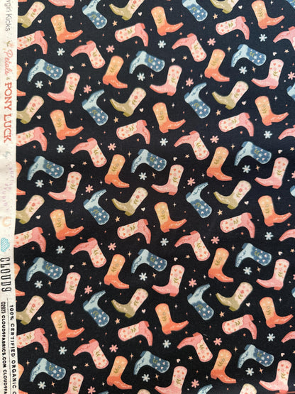 Cowgirl Kicks, Fabric by the Yard, 100% Organic Cotton, By Cloud9 Fabrics, Petals and Pony Luck Collection, Cowboy Print In Navy