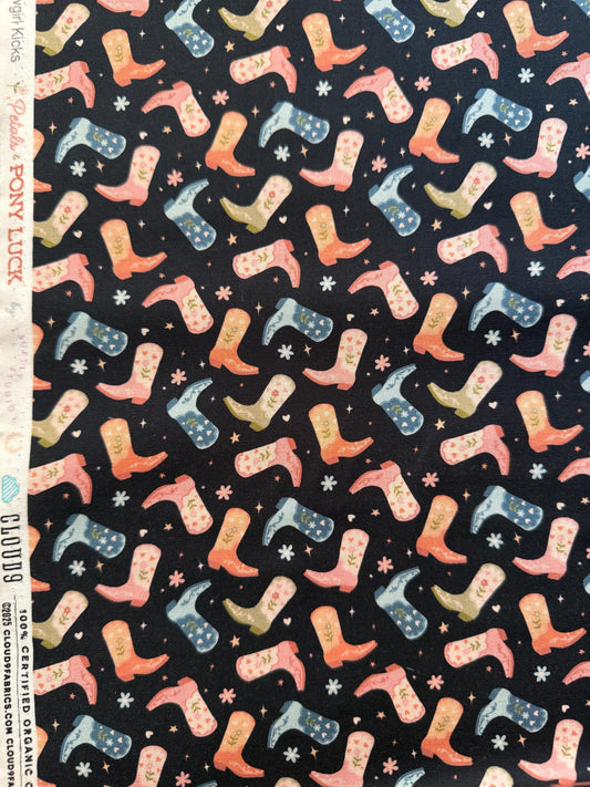 Cowgirl Kicks, Fabric by the Yard, 100% Organic Cotton, By Cloud9 Fabrics, Petals and Pony Luck Collection, Cowboy Print In Navy